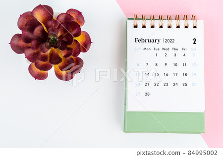 February 2022 desk calendar with tree pot. 84995002