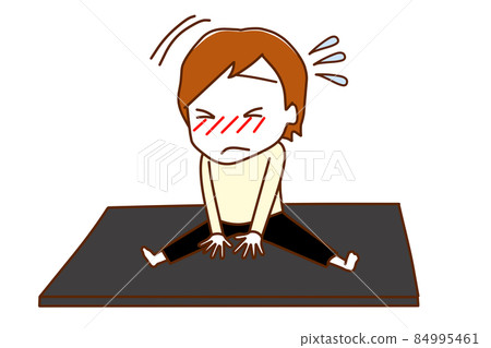 (全身對角線) 一個白人男子，張開雙腿，靈活運動，但身體僵硬，上半身不能向前傾斜。 84995461