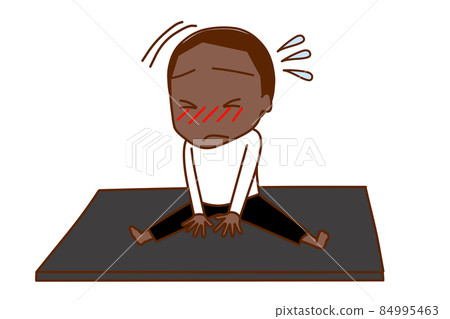 (Whole body diagonal) An African man who opens his legs with flexible exercise but has a stiff body and cannot tilt his upper body forward. (Whole body diagonal) An African man who opens his legs with flexible exercise but has a stiff body and cannot tilt his upper body forward. 84995463