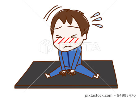 (全身對角線) 一個男孩張開雙腿，靈活運動，但身體僵硬，上半身不能向前傾斜。 84995470