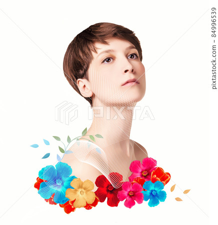 The lifting, skin, plastic surgery concept. Woman face with marks and arrows. Art design 84996539