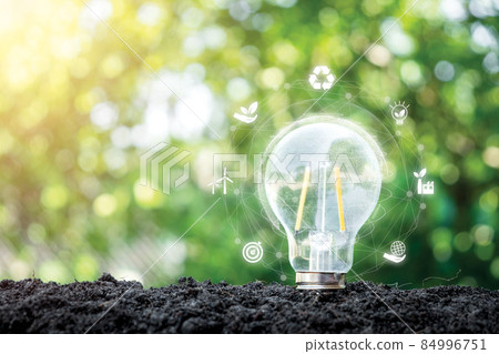 Light bulb on soil with ESG icon concept for environmental, ESG Environmental, social and corporate governance concept. 84996751