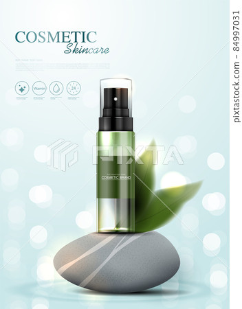 Refreshing green tea cosmetics or skin care product ads with bottle, banner ad for beauty products on background glittering light effect, leaves and rock. vector design 84997031
