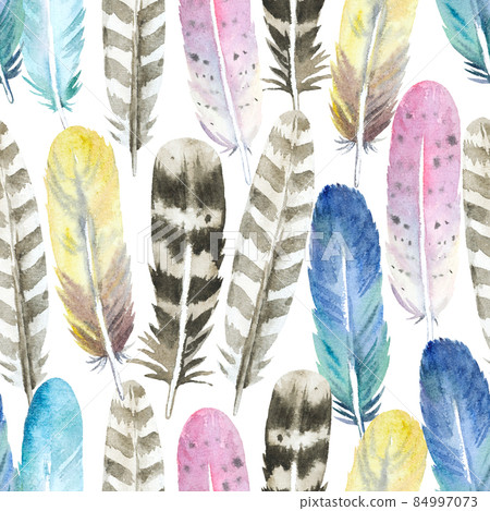 Boho seamless pattern with watercolor painted colorful feathers. Original background for design and fabric. Boho seamless pattern with watercolor painted colorful feathers. Original background for design and fabric. 84997073