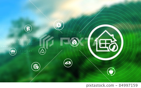 Eco technology or environmental technology concept with environment Icons over the network connection on green leaf energy sources for renewable, sustainable development Eco technology or environmental technology concept with environment Icons over the network connection on green leaf energy sources for renewable, sustainable development 84997159