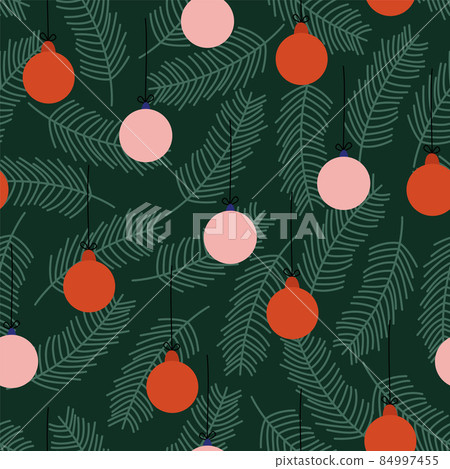 Christmas seamless pattern in green color with fir-tree branches and New Year toys. Print for gift wrapping for Happy New Year and Merry Christmas. Vector vintage illustration Christmas seamless pattern in green color with fir-tree branches and New Year toys. Print for gift wrapping for Happy New Year and Merry Christmas. Vector vintage illustration 84997455