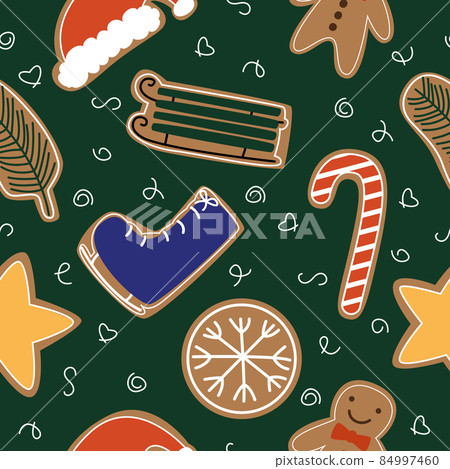 Seamless pattern with New Year design of cookies in the form of a hat, sled, lollipop on a green background. Vector illustration flat for wrapping paper or print. Seamless pattern with New Year design of cookies in the form of a hat, sled, lollipop on a green background. Vector illustration flat for wrapping paper or print. 84997460