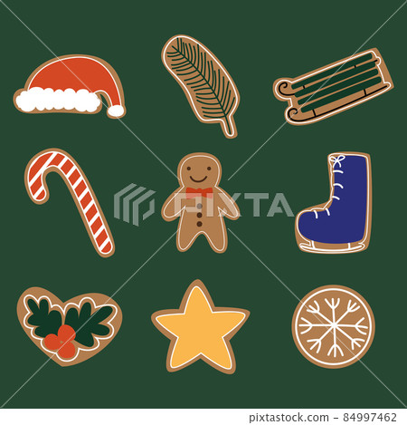 Christmas gingerbreads in the form of a star, a man, a sled. Set of vector illustrations on a green background.  84997462