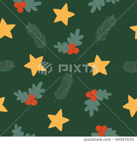 Seamless pattern with spruce branches and yellow stars on a green background. Vector flat illustration in vintage style. Merry Christmas and Happy New Year. Seamless pattern with spruce branches and yellow stars on a green background. Vector flat illustration in vintage style. Merry Christmas and Happy New Year. 84997650