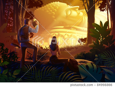 Buddhism vector illustration of a hero and heroine is on their way ahead to a sacred legendary city 84998866