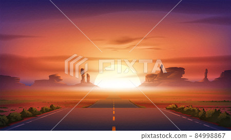 Scenery vector illustration of a state-to-state highway across a desert with a sunset at the canyon 84998867