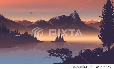 Vector illustration of a fire camp near the lake with beautiful mountains in the morning Vector illustration of a fire camp near the lake with beautiful mountains in the morning 84998869