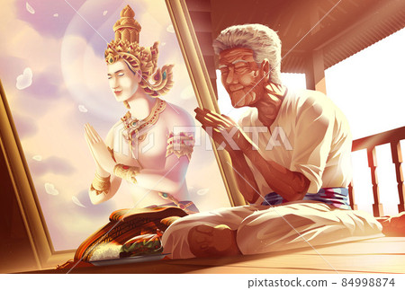 a buddhist old man is offering alms to monks and practicing dhamma at a Thai temple with great faith 84998874