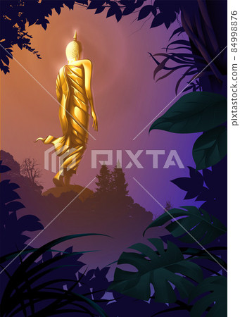 Buddhism vector illustration of a golden-walking Buddha statue or Leela-posed Buddha on the peak of the mountains. Buddhism vector illustration of a golden-walking Buddha statue or Leela-posed Buddha on the peak of the mountains. 84998876