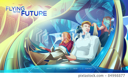 landing page in vector illustration of a family in the flying car. They are traveling in a futuristic city and feel stunning with the modern scenery of the city. 84998877