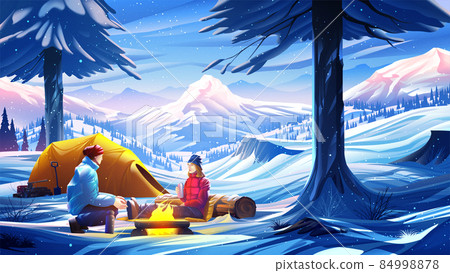 Scenery vector illustration of a couple are enjoying their snow camping in a national park 84998878