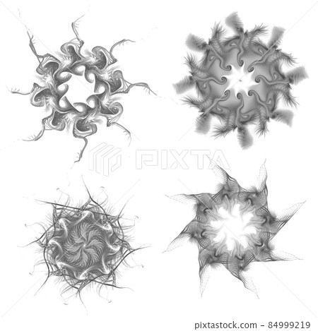 Set of four black snowflakes on a white background. Abstract computer generated fractal image of a snowflake. Illustration, isolate. Use as a stamp or brush Set of four black snowflakes on a white background. Abstract computer generated fractal image of a snowflake. Illustration, isolate. Use as a stamp or brush 84999219