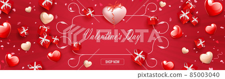 Valentine's day sale poster, illustration with white curly frame and many wonderful hearts and red boxes with bow 85003040
