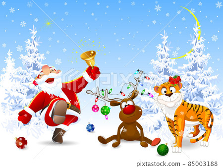 Santa, deer and tiger in winter forest 85003188