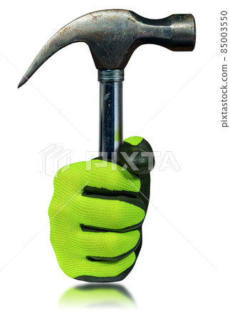 Hand with Protective Work Glove Holding an Old Steel Hammer Hand with Protective Work Glove Holding an Old Steel Hammer 85003550
