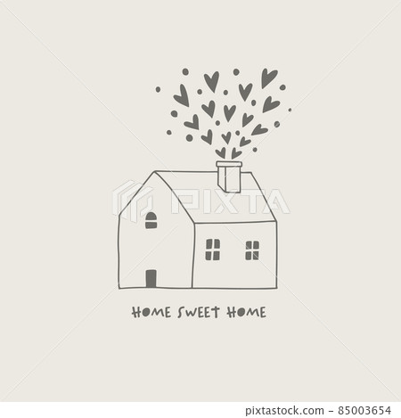 手繪插圖的小房子，心從煙囪裡冒出來 85003654