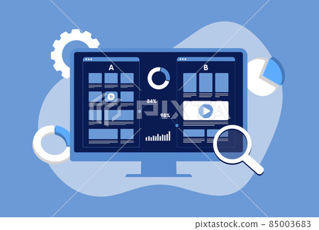 AB testing flat vector concept - split test comparison with randomized experiments campaign. Smartphone with two A-B websites with a different web development UI interface on the screen AB testing flat vector concept - split test comparison with randomized experiments campaign. Smartphone with two A-B websites with a different web development UI interface on the screen 85003683