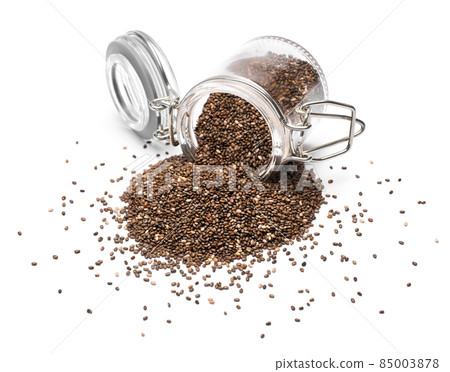 glass can full of organic natural chia seeds close-up isolated on white background 85003878