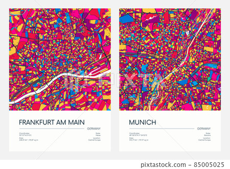 Color detailed road map, urban street plan city Frankfurt am Main and Munich with colorful neighborhoods and districts, Travel vector poster Color detailed road map, urban street plan city Frankfurt am Main and Munich with colorful neighborhoods and districts, Travel vector poster 85005025