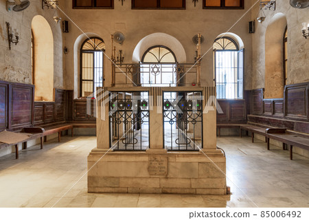 Interior of historic Jewish Maimonides Synagogue or Rav Moshe Synagogue with altar in front, Cairo Egypt 85006492