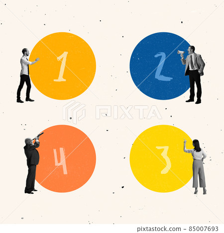 Creative contemporary art collage of employees with graphics, numbers Creative contemporary art collage of employees with graphics, numbers 85007693