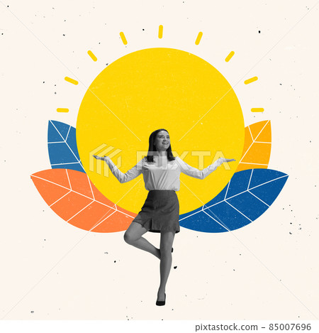 Contemporary art collage of young woman standing in yoga pose, meditating Contemporary art collage of young woman standing in yoga pose, meditating 85007696