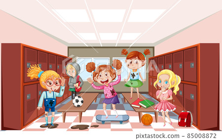 Locker room scene with school kids Locker room scene with school kids 85008872