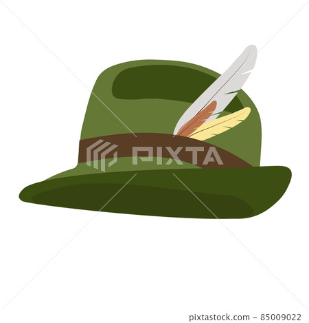 Tyrolean hat vector stock illustration. A headdress worn in parts of Austria, Germany, Italy and Switzerland. Green felt. Isolated on a white background. 85009022
