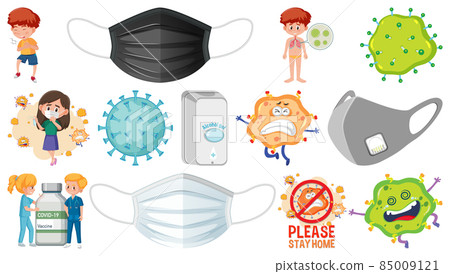 Cartoon character and Coronavirus vaccination isolated objects 85009121