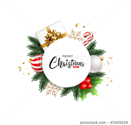 Merry Christmas ornament circle white paper greeting card design on white background 85009209