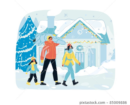 Family walking with purchased fir tree over... - Stock Illustration ...