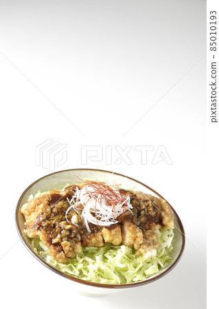 Photographed white-haired green onions, red pepper, shredded cabbage, and deep-fried chicken with soy sauce on a white background 85010193