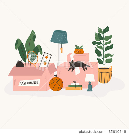 Vector illustration with packed cardboard boxes, homeplants, toys and other belongings. 85010346