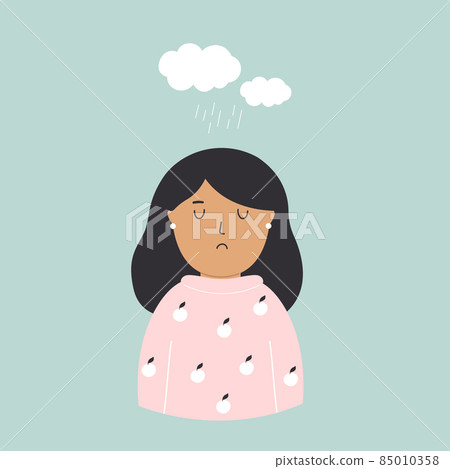Illustration of a depressed girl and cloud of rain above her Illustration of a depressed girl and cloud of rain above her 85010358