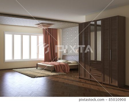 Modern Bedroom Interior with Beige Walls, Terra Cotta Curtains, Large Window, Bed with Pillows, Wardrobe with Mirror, Carpet, Parquet Flooring and a Brown Plinth with Work Path on Window. 3D Render 85010908