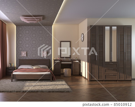 Modern Bedroom Interior with Beige Walls, Terra Cotta Curtains, Carpet, Bed with Pillows, Ladies Table, Wardrobe with Mirror, Parquet Flooring and a Brown Plinth. 3D Illustration, 7680x5760, 300 dpi Modern Bedroom Interior with Beige Walls, Terra Cotta Curtains, Carpet, Bed with Pillows, Ladies Table, Wardrobe with Mirror, Parquet Flooring and a Brown Plinth. 3D Illustration, 7680x5760, 300 dpi 85010912