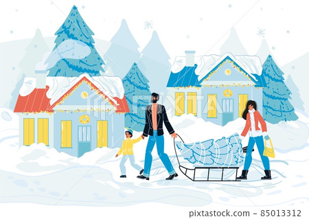 Happy family carrying fir tree for christmas on sled Happy family carrying fir tree for christmas on sled 85013312