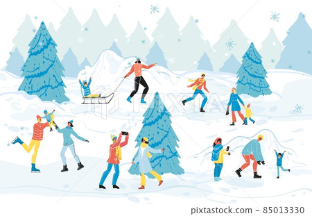 Happy people having fun in winter forest park 85013330