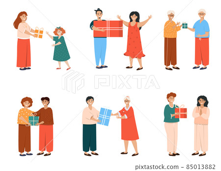 People giving and receiving gifts set, men, women and kids celebrating holidays. People and New Year gifts flat vector illustration. People giving and receiving gifts set, men, women and kids celebrating holidays. People and New Year gifts flat vector illustration. 85013882