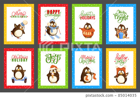 Merry Christmas Penguins Having Fun, Vector Cards 85014035