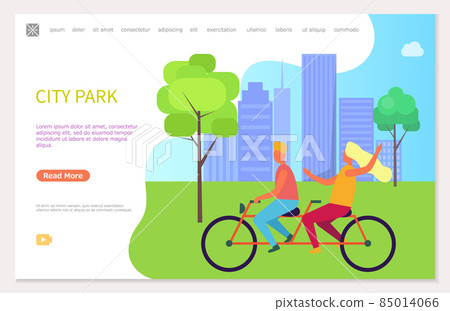 Funny Young Couple Riding Bike, City Park Vector 85014066