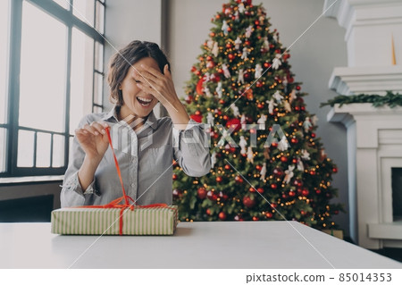Excited young woman unpacking Christmas gift while sitting in room decorated with bright Xmas tree Excited young woman unpacking Christmas gift while sitting in room decorated with bright Xmas tree 85014353