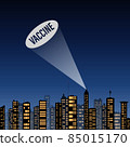 The word vaccine drawn by light in the sky above the city. 85015170