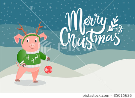 Merry Christmas Postcard with Pig in Green Sweater Merry Christmas Postcard with Pig in Green Sweater 85015626