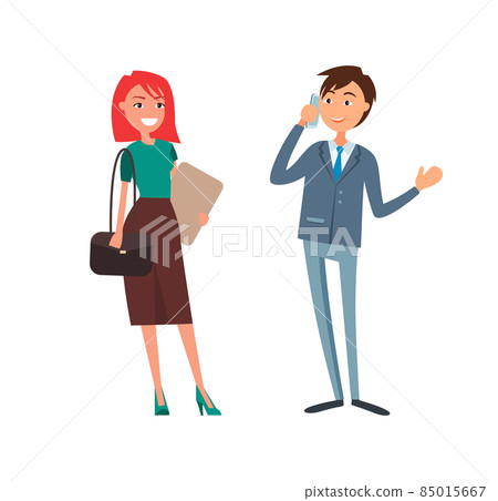 Businessman Talking on Phone Businesswoman Smiling Businessman Talking on Phone Businesswoman Smiling 85015667